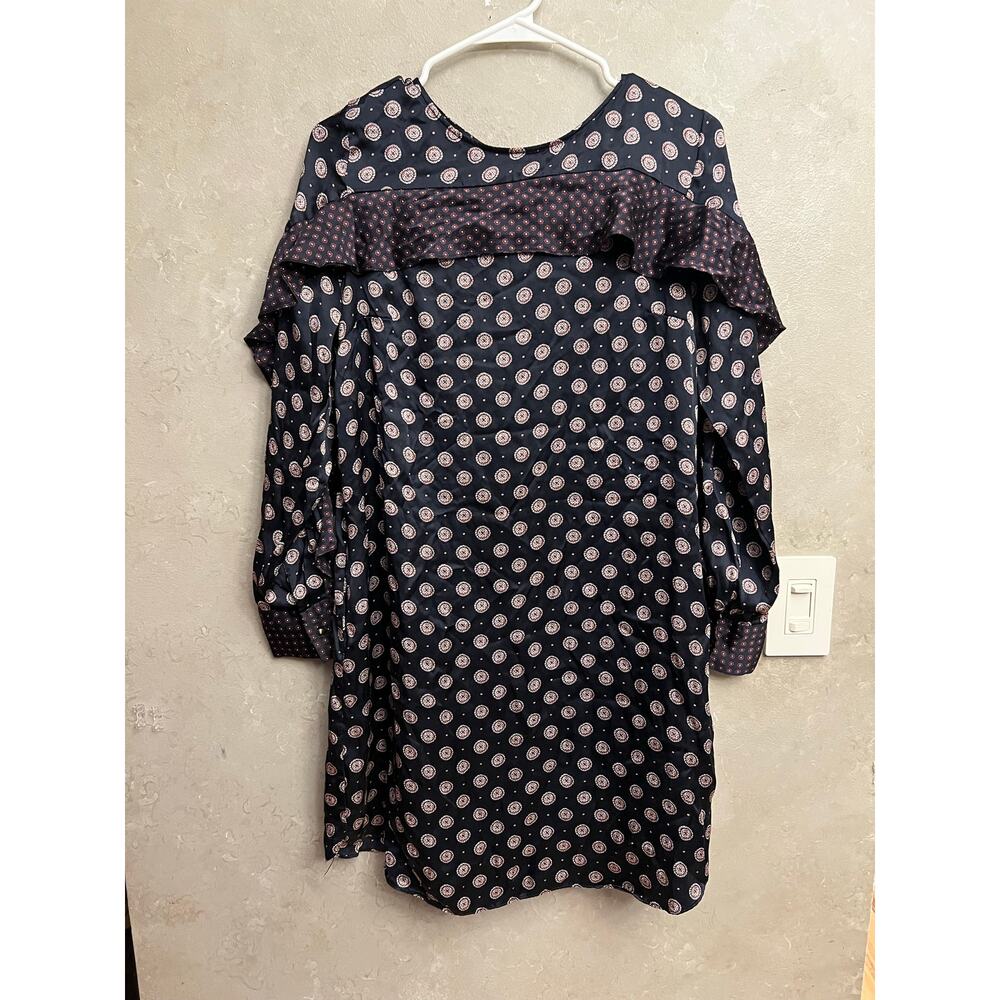 Banana Republic Navy 100% Silk Foulard Print Ruffle Long Sleeve Dress Sz 8 - Picture 6 of 16